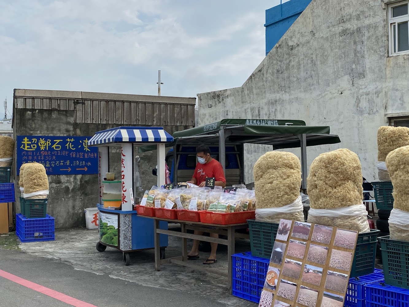 超鄭石花凍攤位擺滿石花菜商品與說明看板