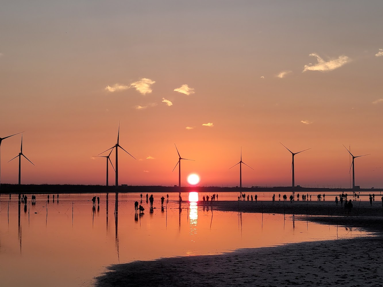 夕陽、風力發電機與潮間帶遊客共同構成壯觀景致