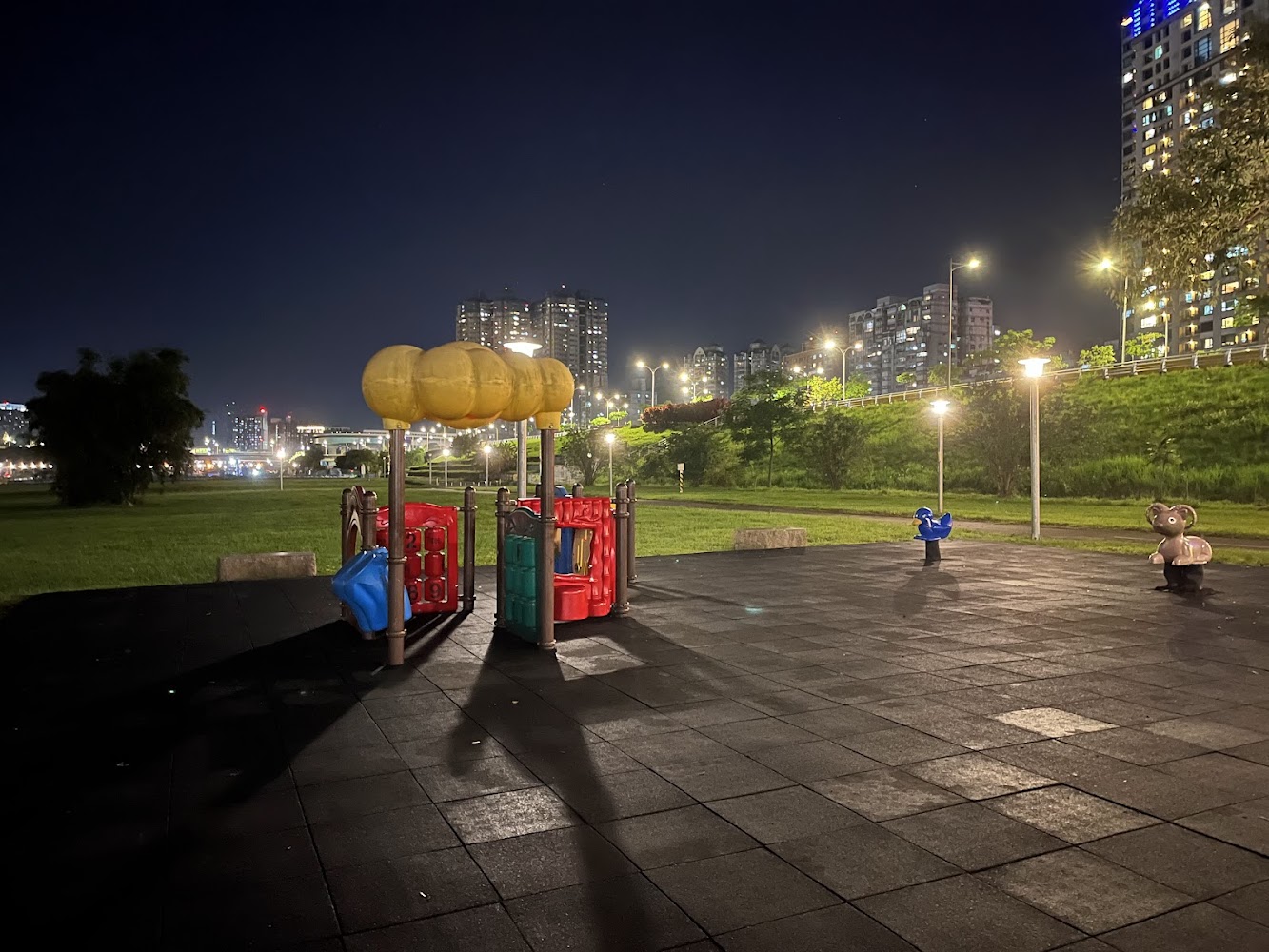 夜晚的公園遊樂場，中央有兒童遊戲設施與動物造型搖搖馬