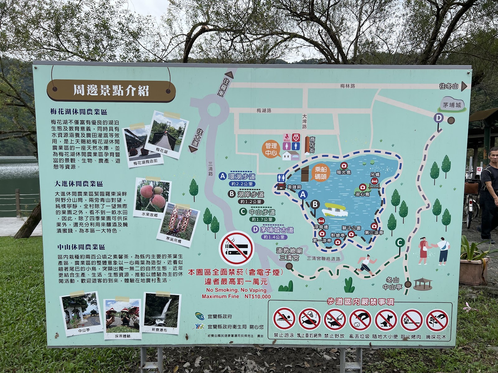 宜蘭梅花湖景區入口告示牌，標示各景點位置與環湖路線