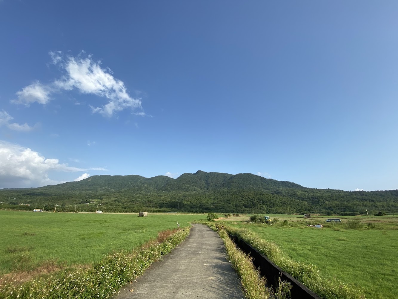 穿越田野的小路與遠方山林景色