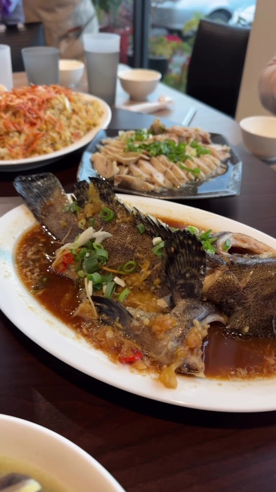 清蒸魚搭配蔥薑醬汁後方有白斬雞與炒飯