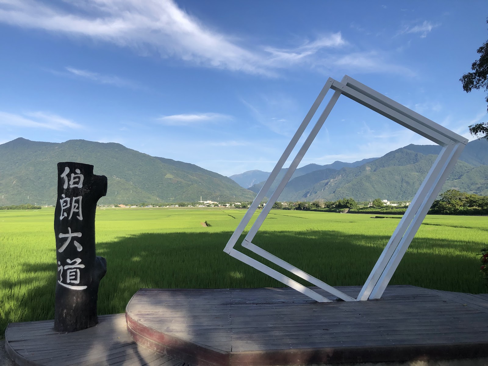 伯朗大道刻字木柱白色傾斜方框翠綠水田近距取景池上一日遊