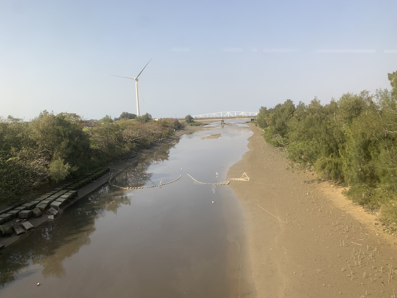 河流兩側有樹木遠處可見白色橋樑與風力發電機