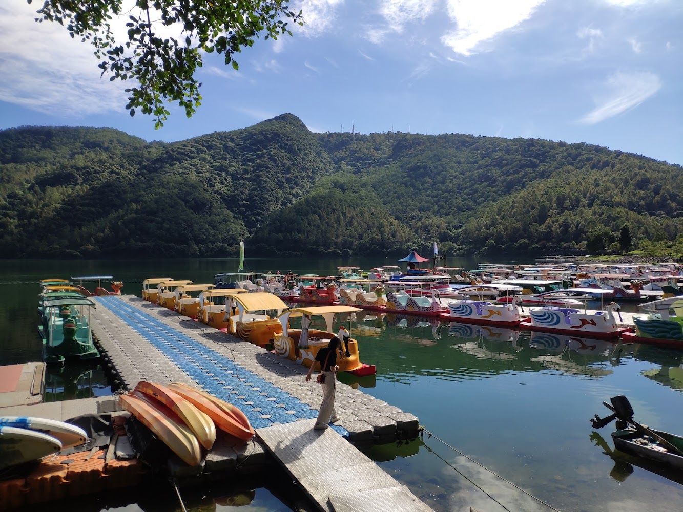 停滿腳踏船與小船的湖面休閒景色