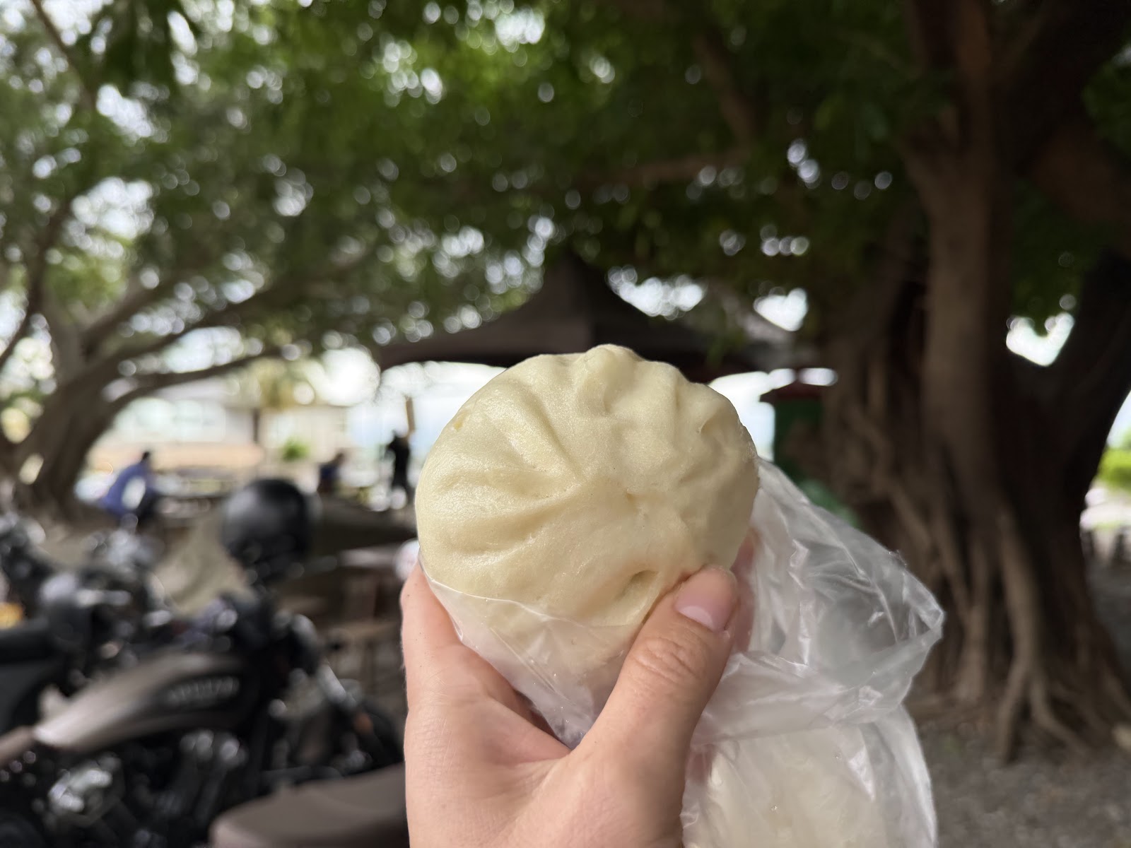 纏記舊街東河包子70週年慶典海報，手持白色大包子留影