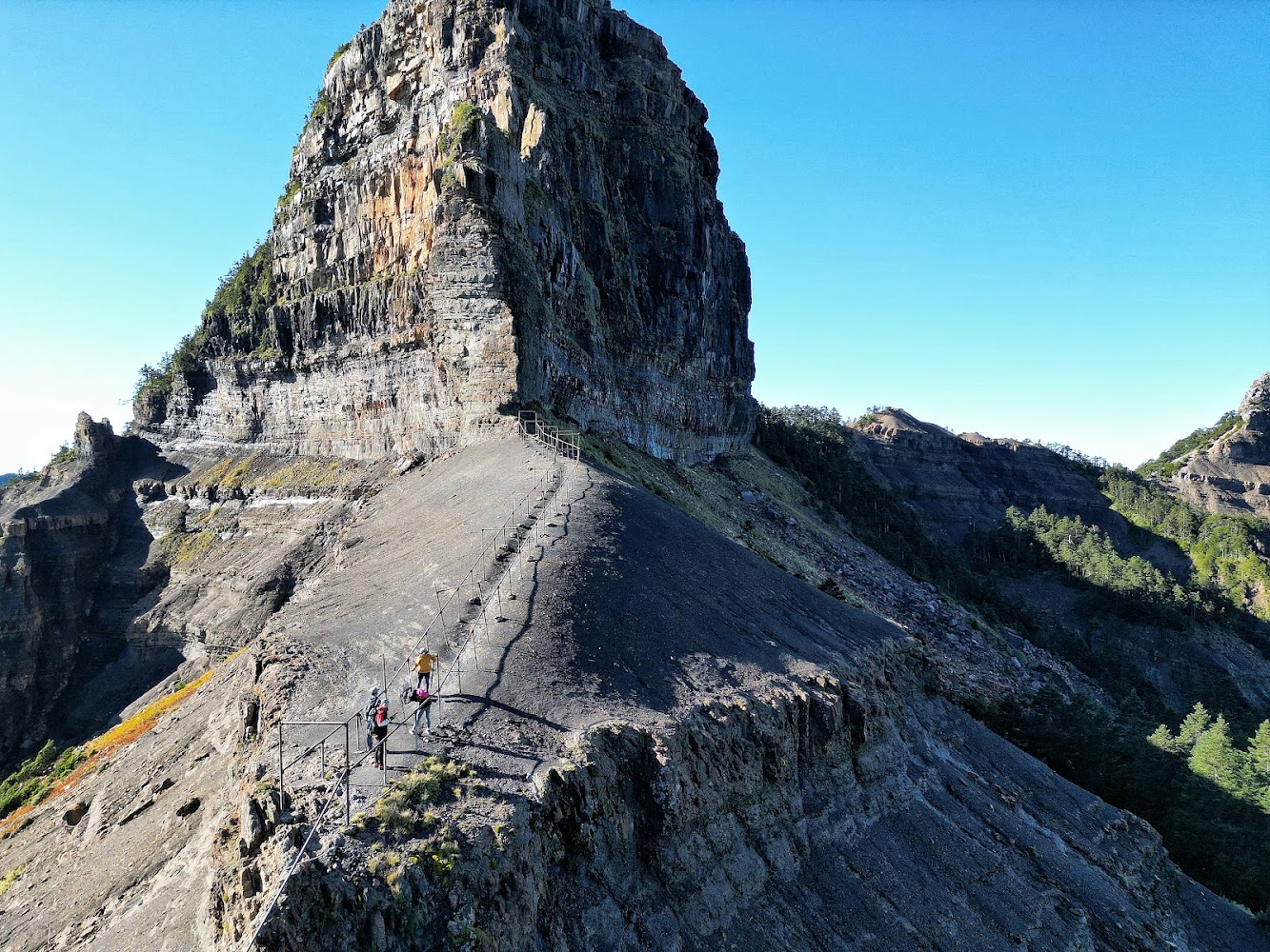 登山者沿著有欄杆的步道接近大霸尖山