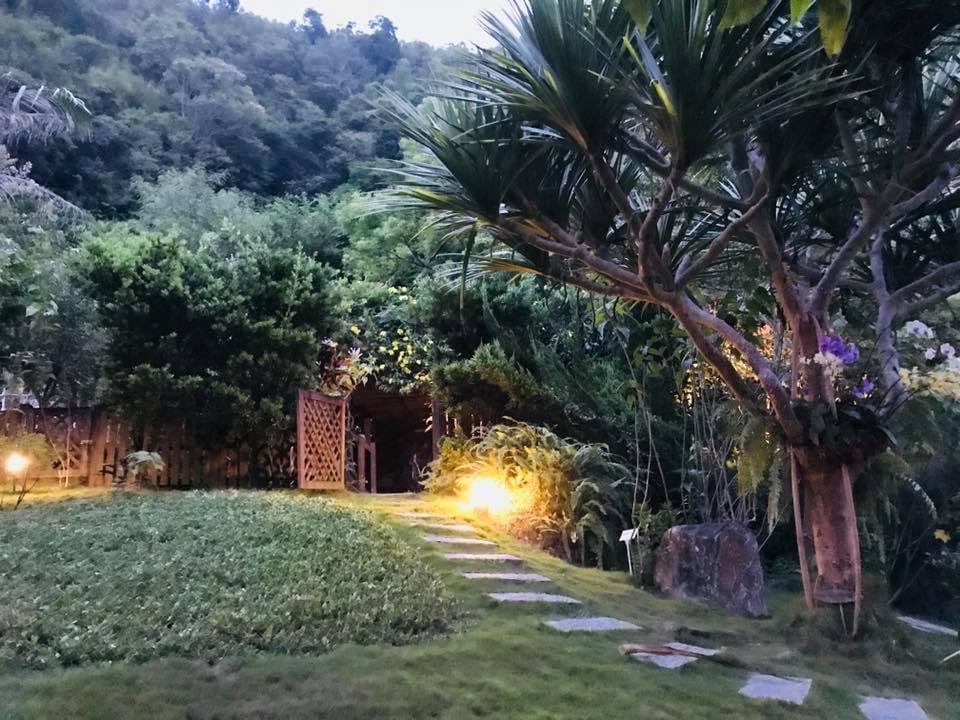 走過虹橋庭院石板步道與夜間庭園燈