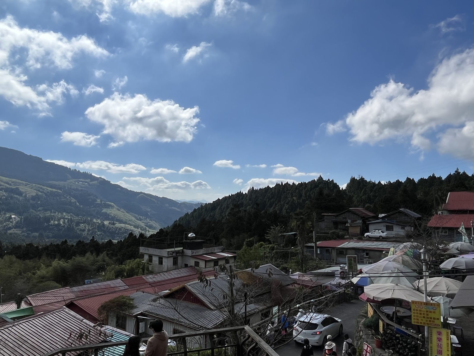 奮起湖山城聚落俯瞰紅鐵皮屋頂民宅攤販青山藍天嘉義景點