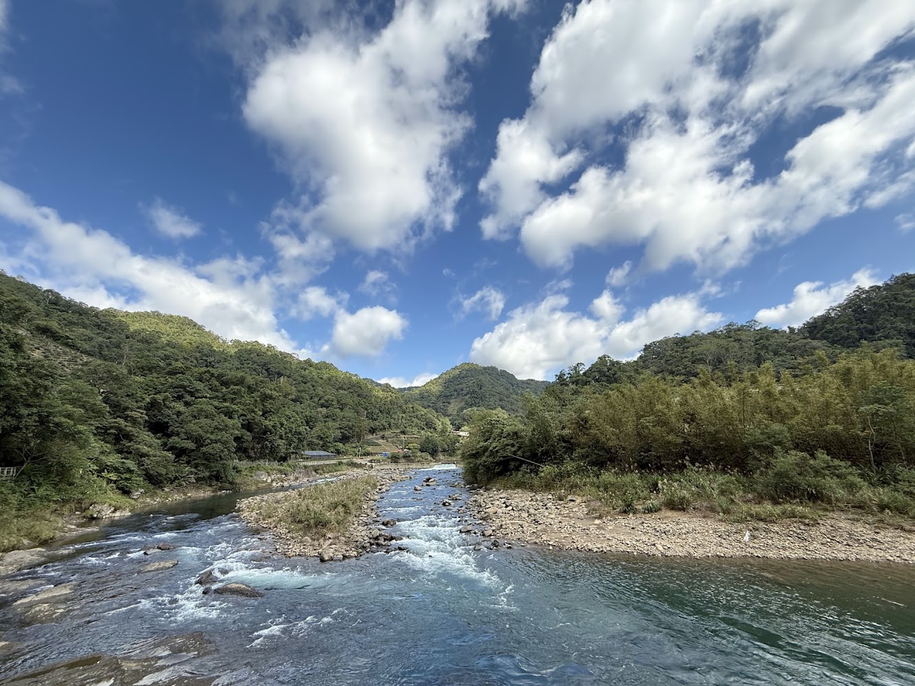 河流穿越翠綠山林的北勢溪景觀