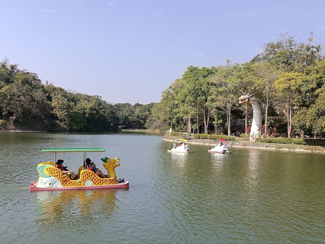 虎頭埤湖面腳踏船與周邊綠樹