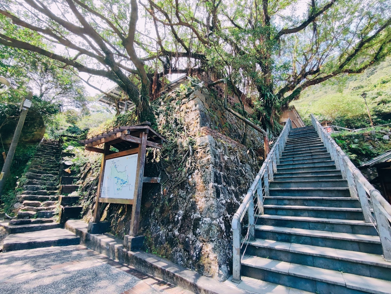 石板老街梯道，石牆樹木，靜謐山城小路