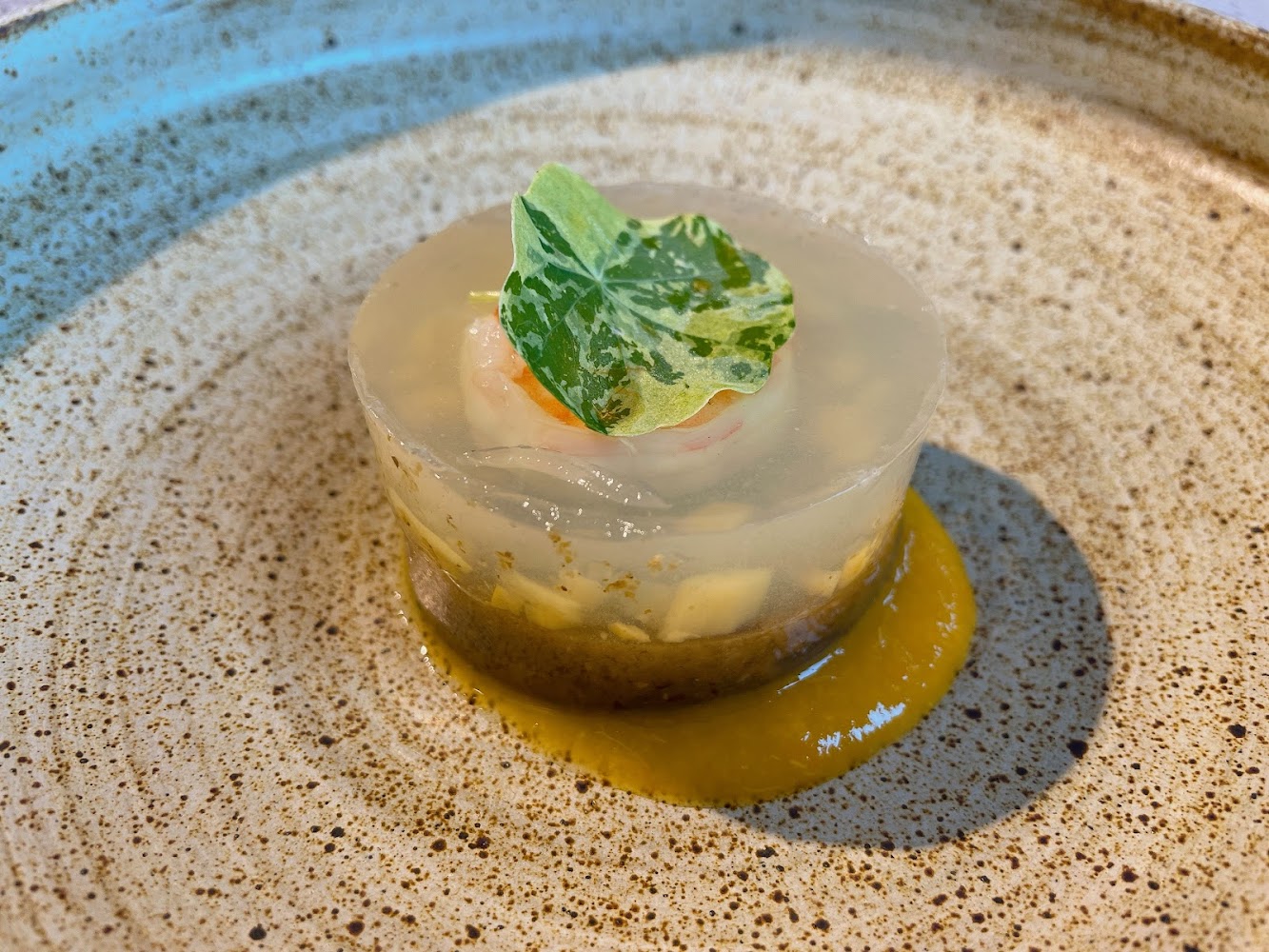 透明果凍包覆蝦肉與蔬菜的前菜