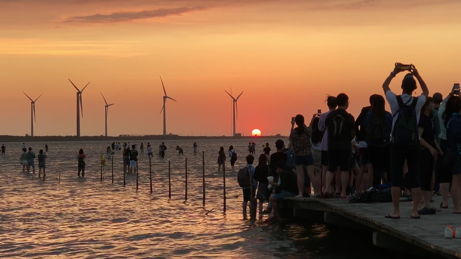 台中高美濕地夕陽木棧道遊客拍照風車剪影