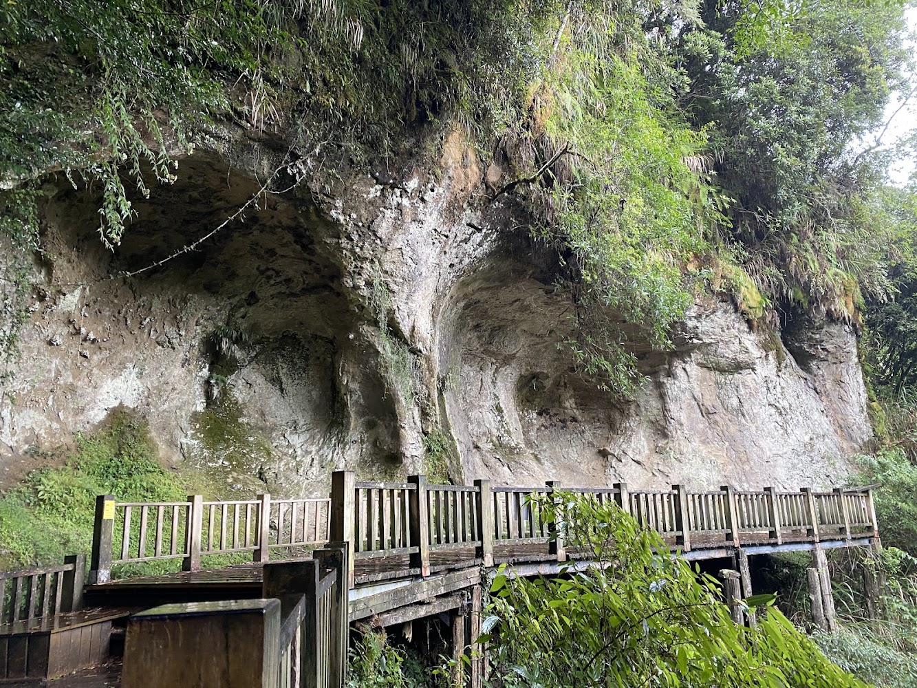 依山壁而建的木棧道步道。