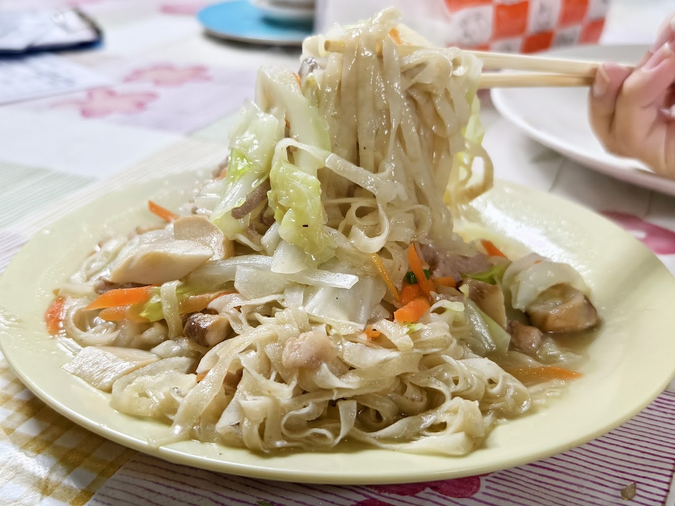 炒河粉配料豐富，有高麗菜紅蘿蔔香菇與肉片