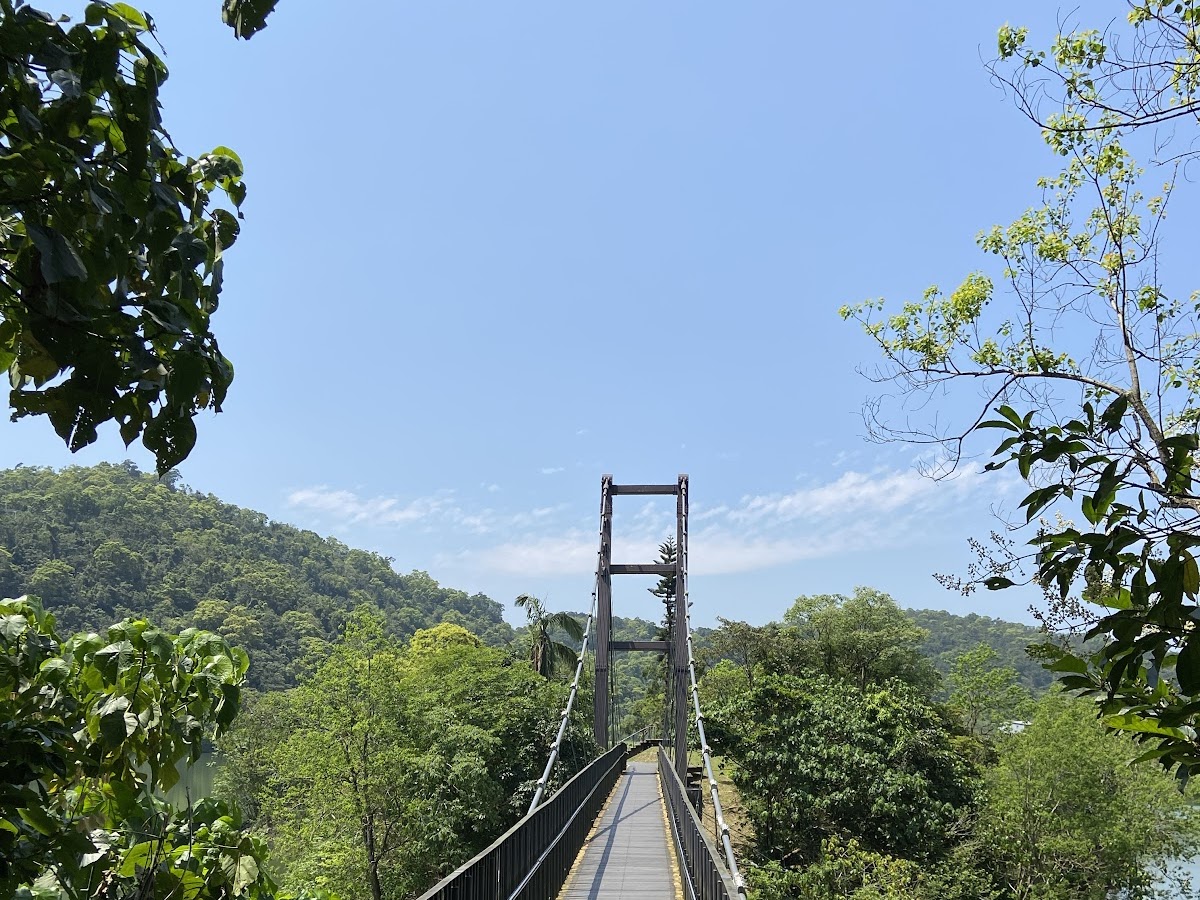 宜蘭梅花湖吊橋正面，吊橋橫跨湖面連接心島