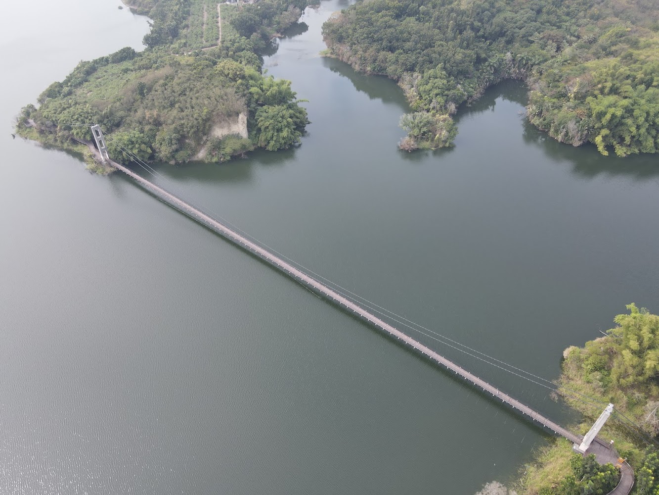 吊橋橫跨湖面連接兩岸森林