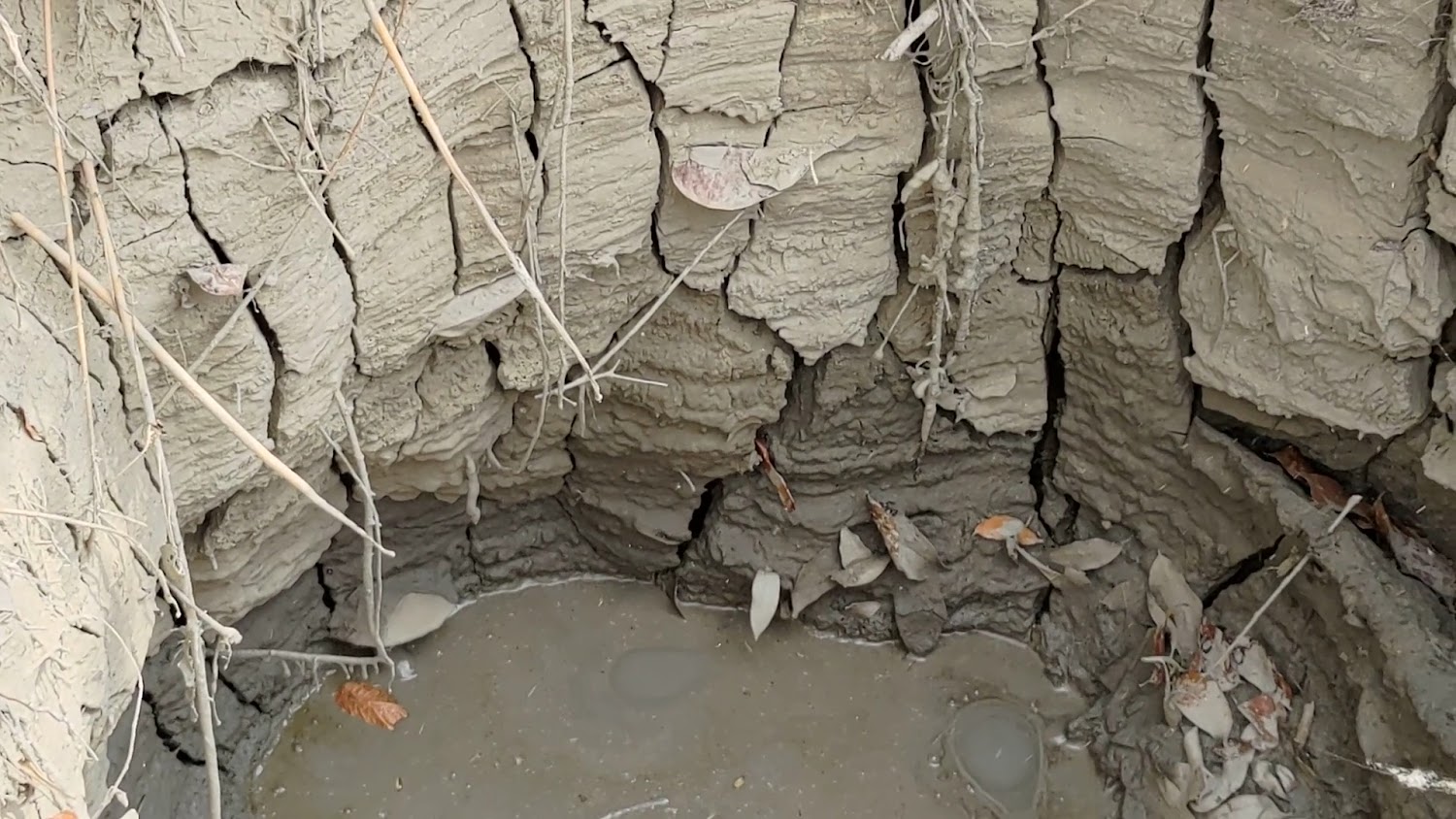 乾裂泥土層與少量積水濕泥