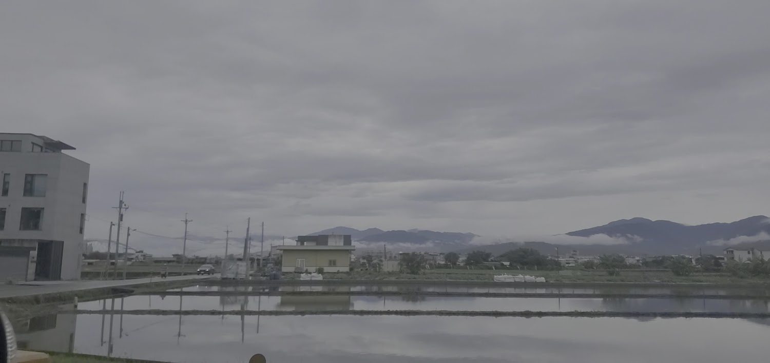 水田與現代房屋遠山景致