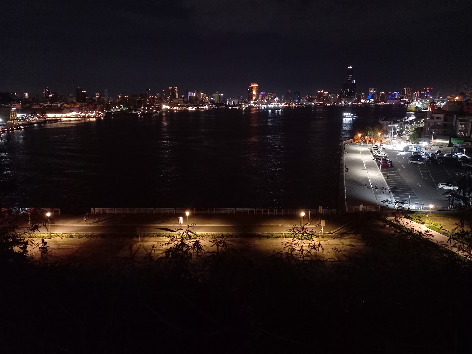 從旗津山丘俯瞰高雄港夜景，對岸城市萬家燈火璀璨