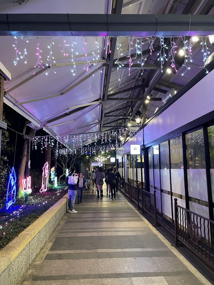 碧潭夜間有燈飾與霓虹藝術的人行走廊