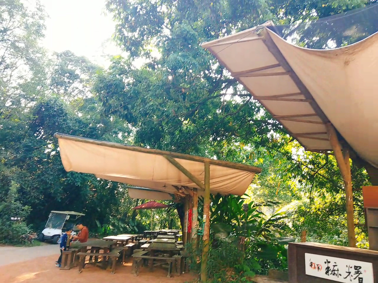 百年古厝客家餐廳樹林中的戶外休憩木桌椅空間