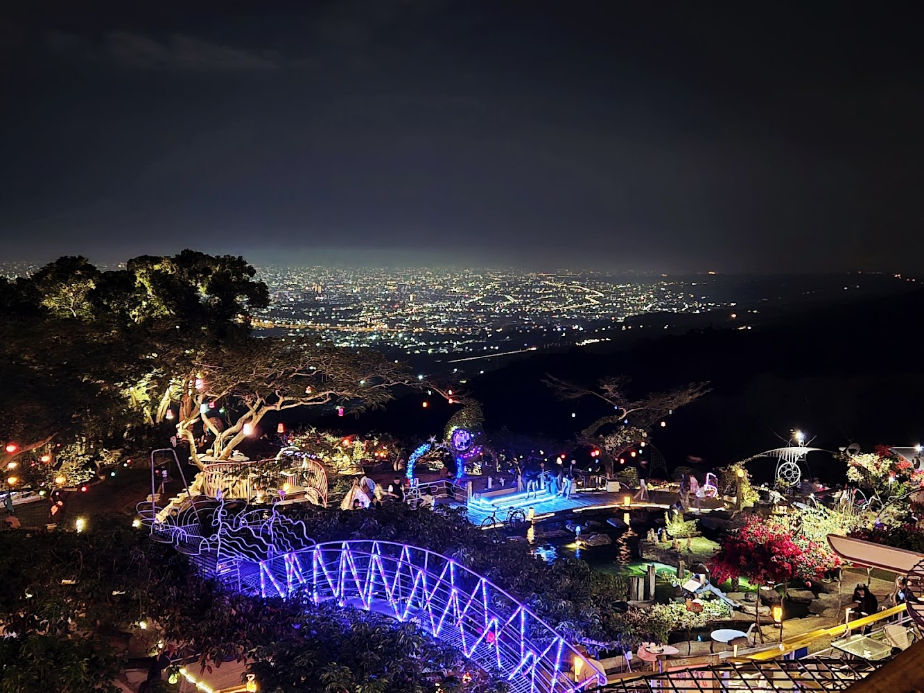 夜晚城市燈海與花園造景