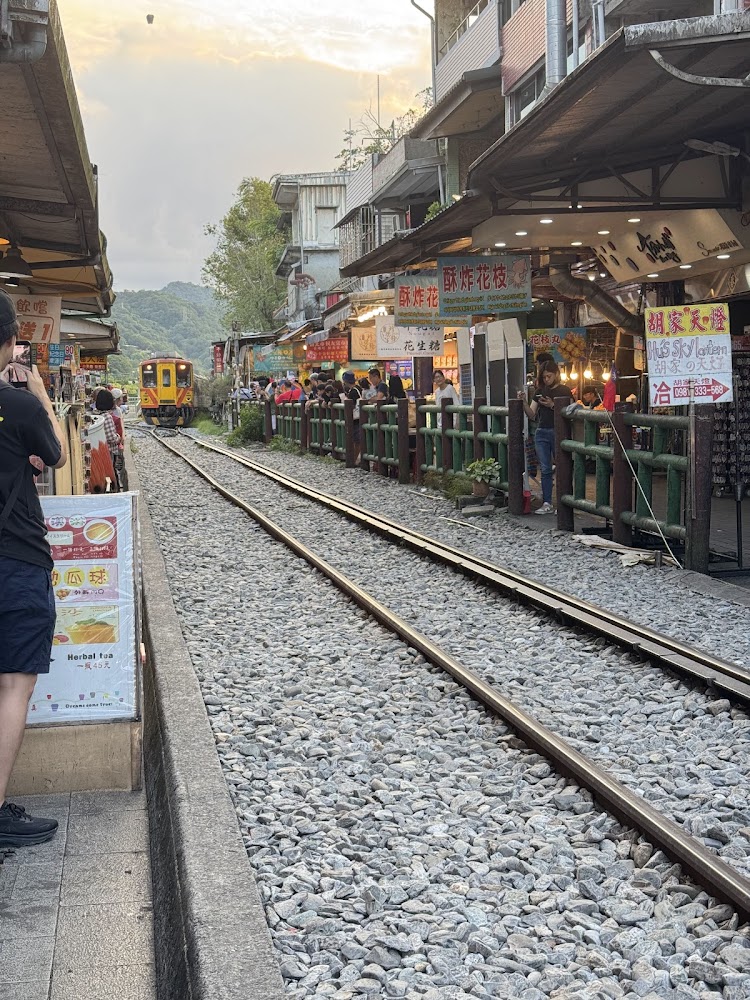 這張圖片主要展示一條穿越老街的鐵道，鐵道兩旁有許多攤販和商店，許多人聚集，遠處有一列黃色火車行駛而來，氣氛熱鬧，為旅遊景點常見場景。