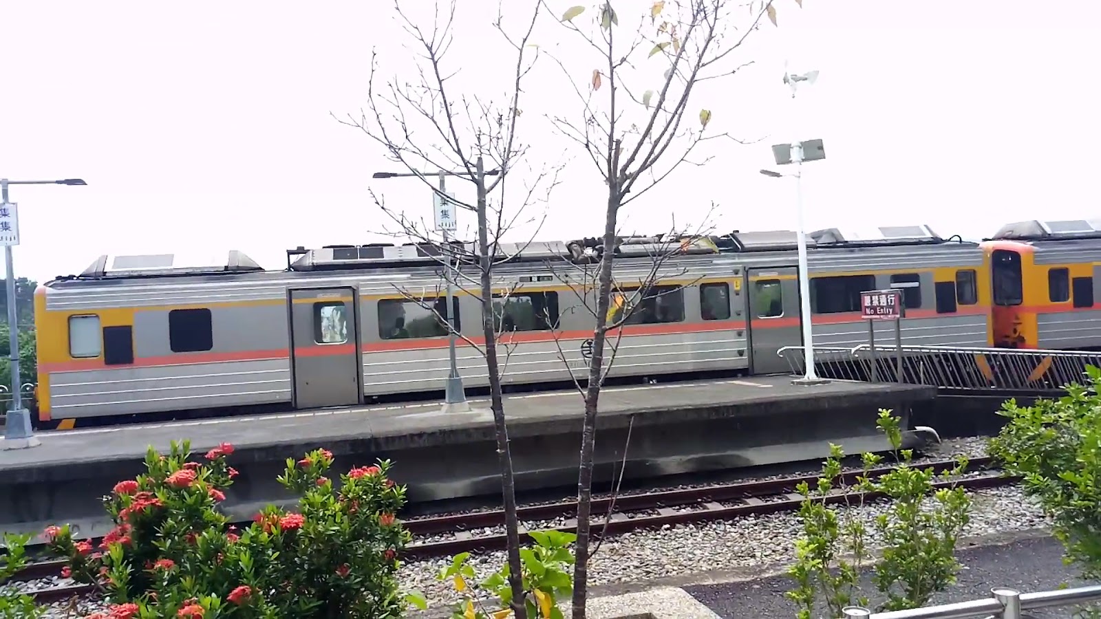 集集線列車停靠集集車站月台紅花植栽