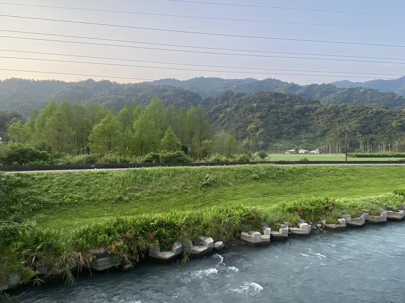 清澈河流、綠地與遠方山脈組成的自然河岸景色