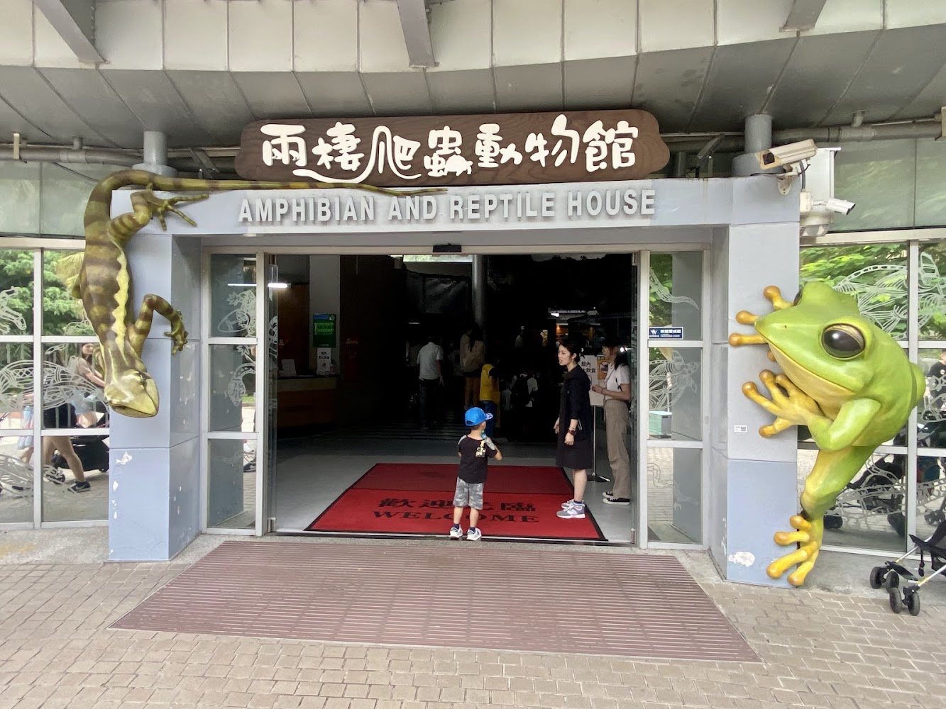 兩棲爬蟲動物館入口與大型青蛙壁虎裝飾