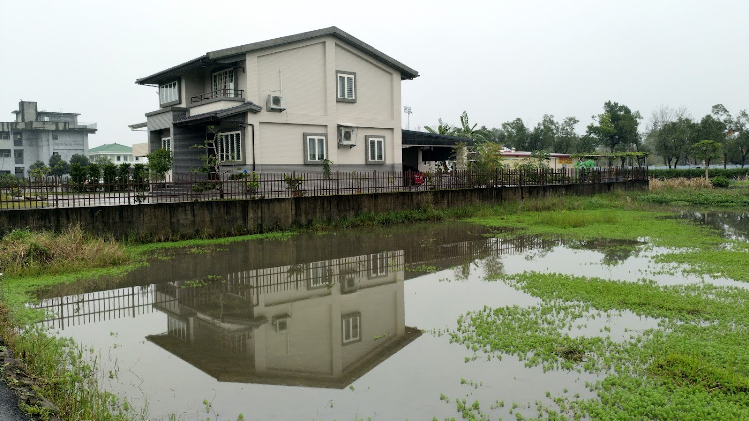 民宅與積水田地倒影