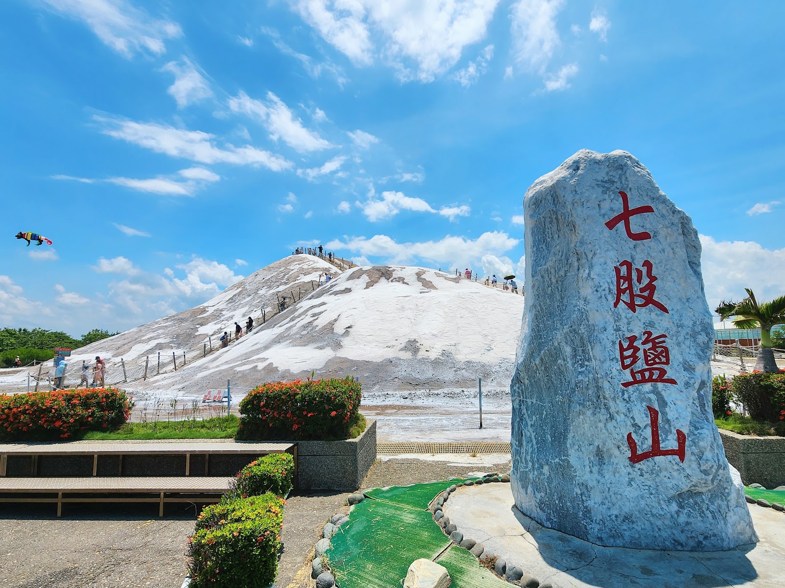 七股鹽山大石碑，背景是白色鹽山與燦爛鳳凰花叢，藍天映襯