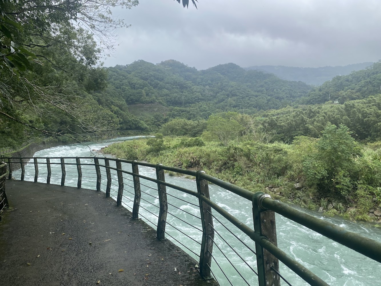 沿著河流設置護欄的步道,遠方是山巒與森林