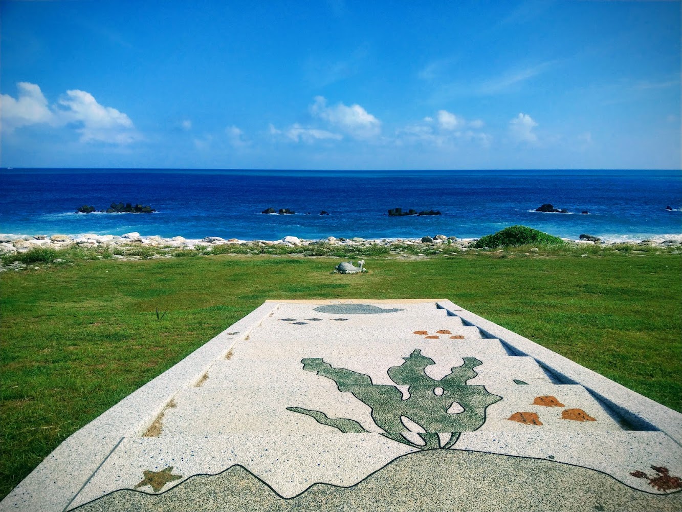 廣闊藍海與彩繪地板藝術草地海岸