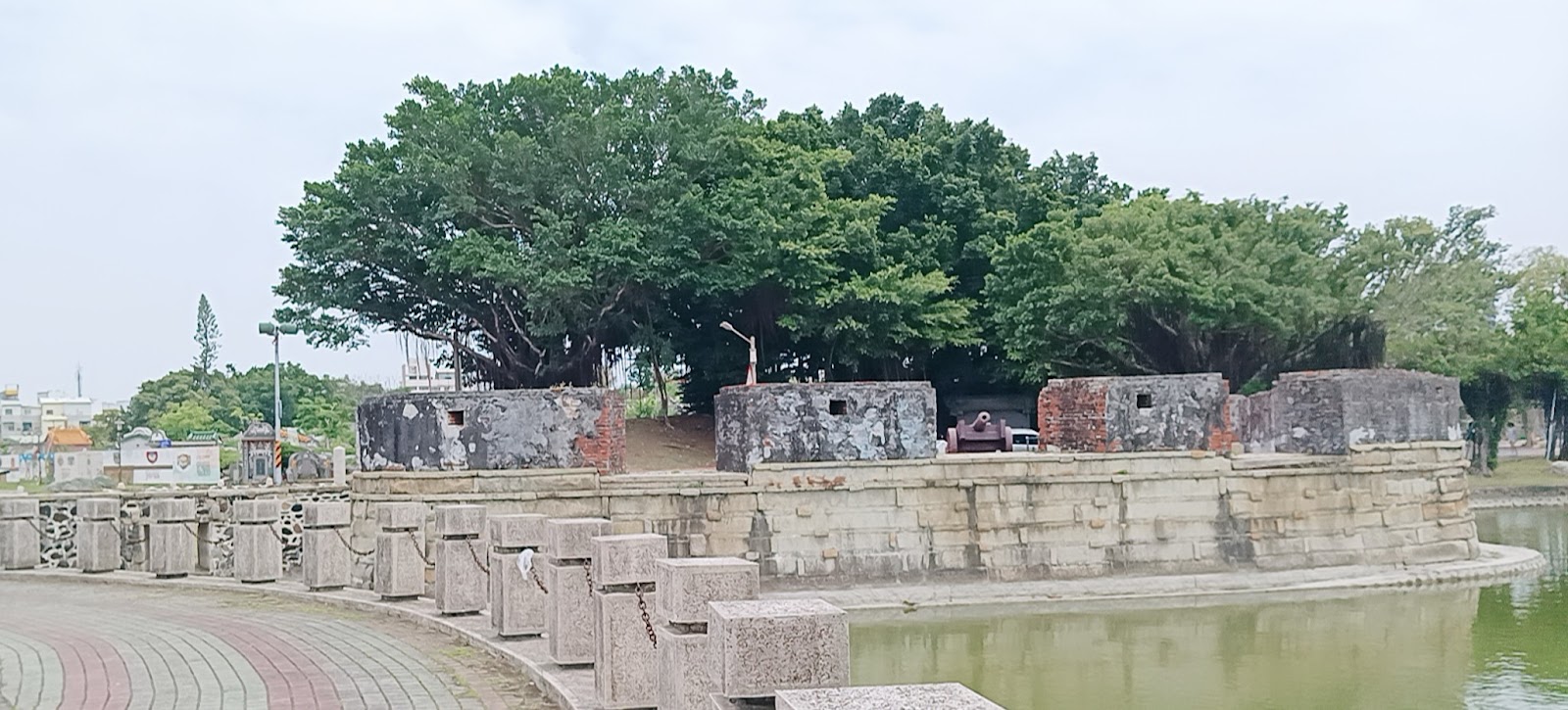 安平小砲臺砲臺外牆全景，古砲展示，大樹覆蓋