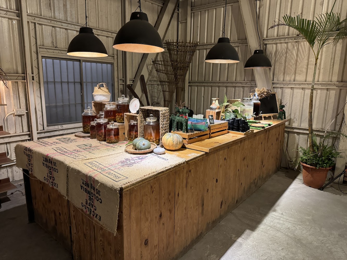 木製長桌上擺滿玻璃罐浸泡酒、南瓜、蔬果與植物裝飾