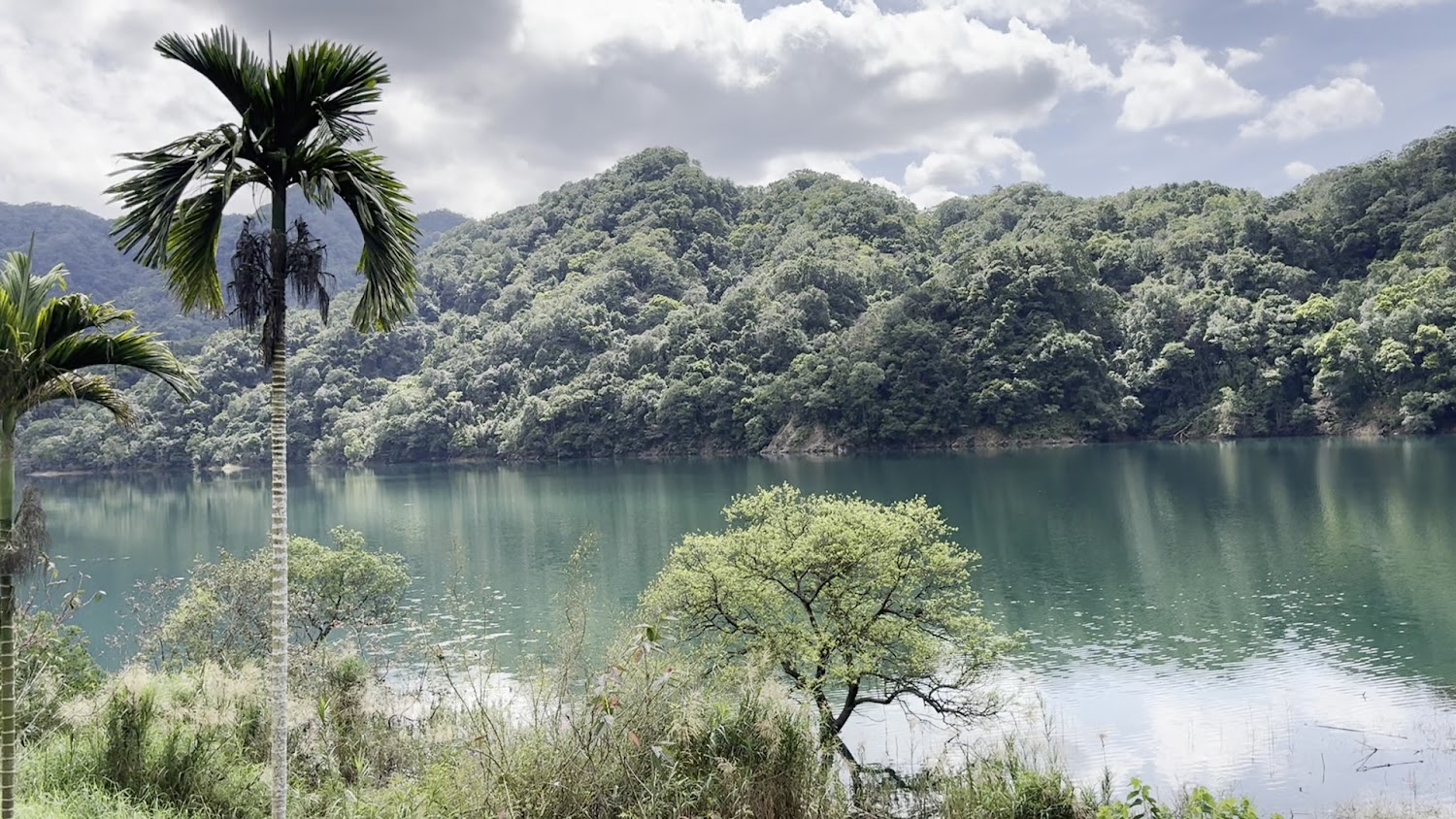 湖面倒映山巒與棕櫚樹的失落的村莊風景