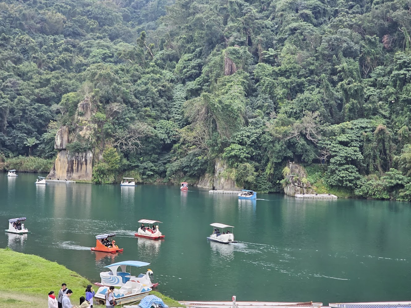 湖面上有多艘天鵝船與小艇，周圍樹林茂密，岸邊有遊客活動