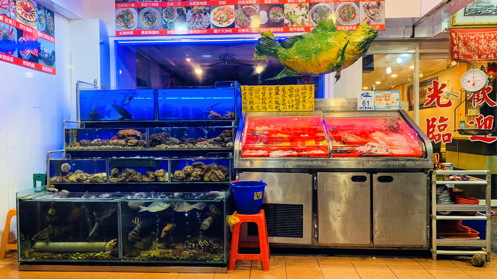 谷關溫泉區活海鮮餐廳入口,多層水族箱展示活魚蝦蟹,大型綠色魚裝飾懸掛