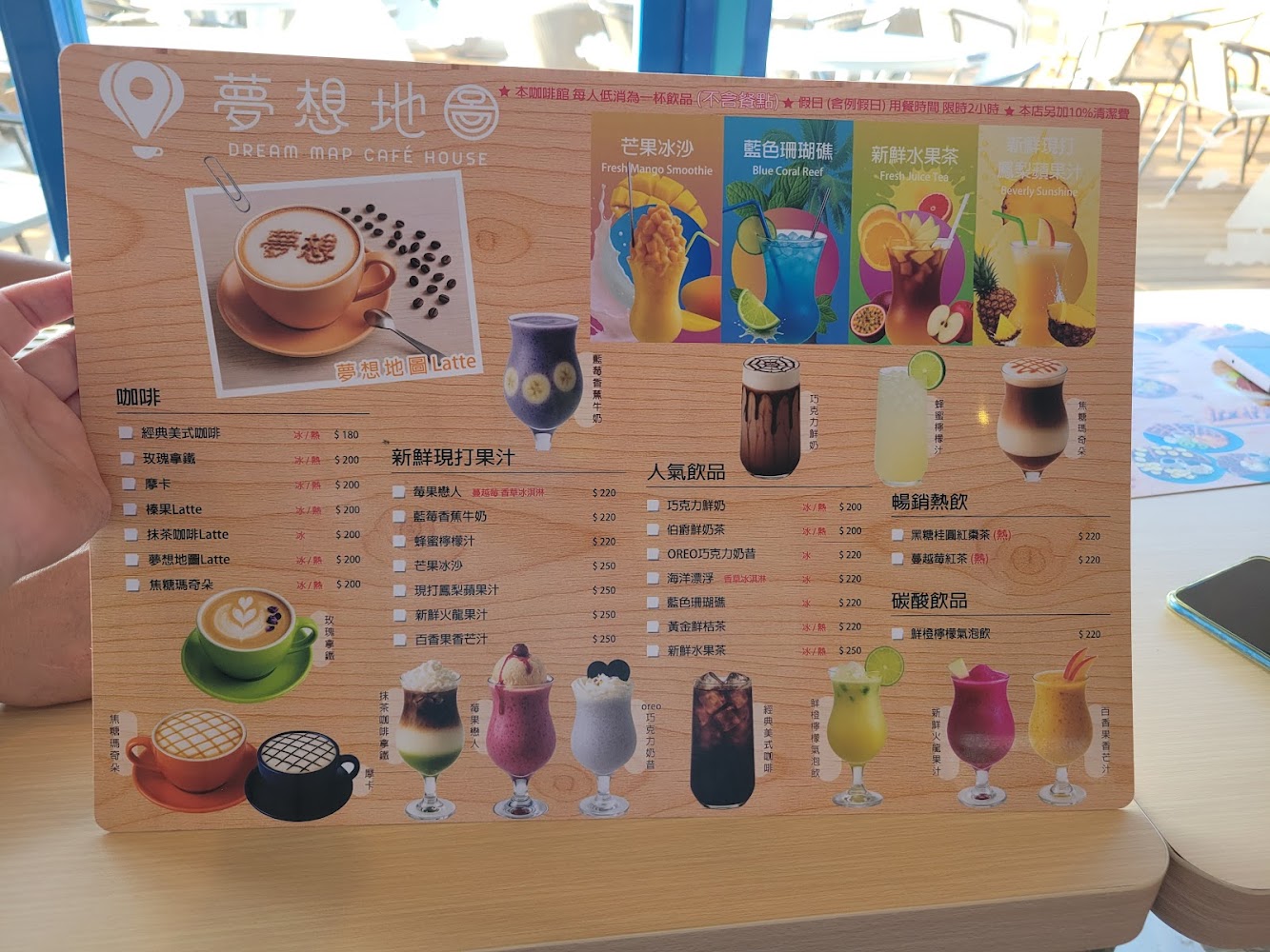 咖啡館飲品菜單有各式咖啡果汁與特調