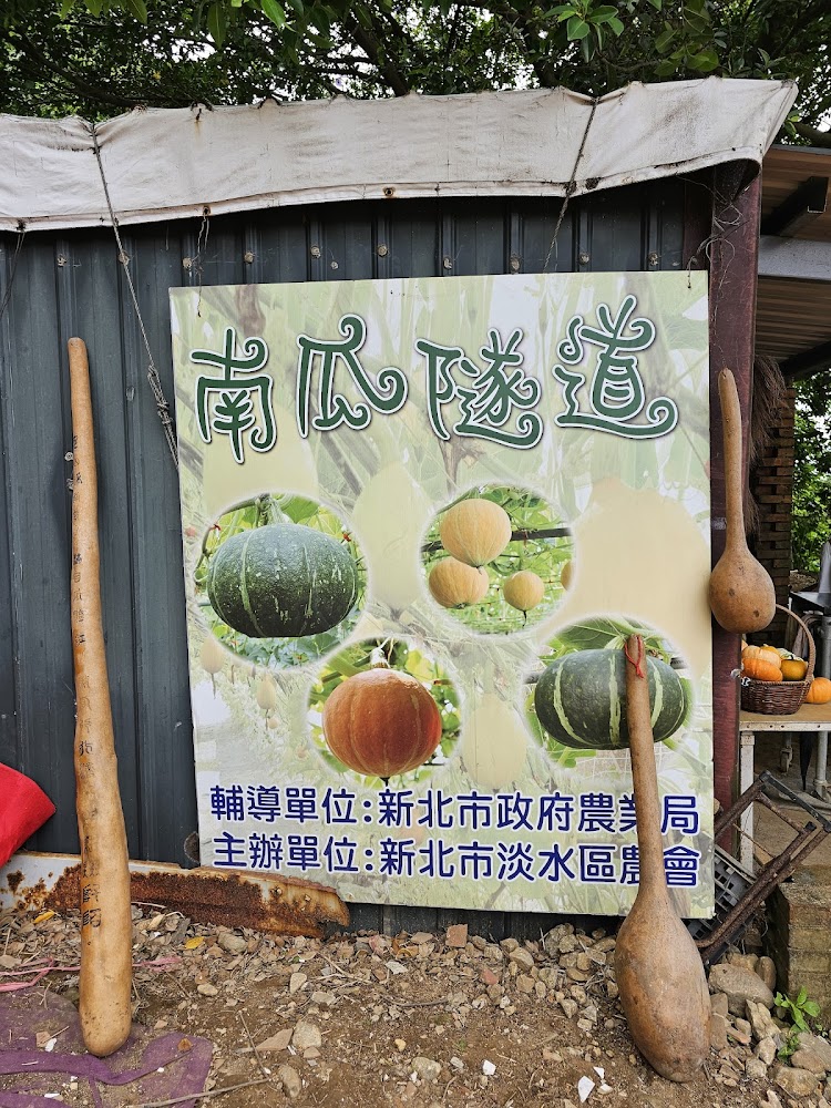 介紹南瓜隧道的立牌,旁邊擺放大型葫蘆實物