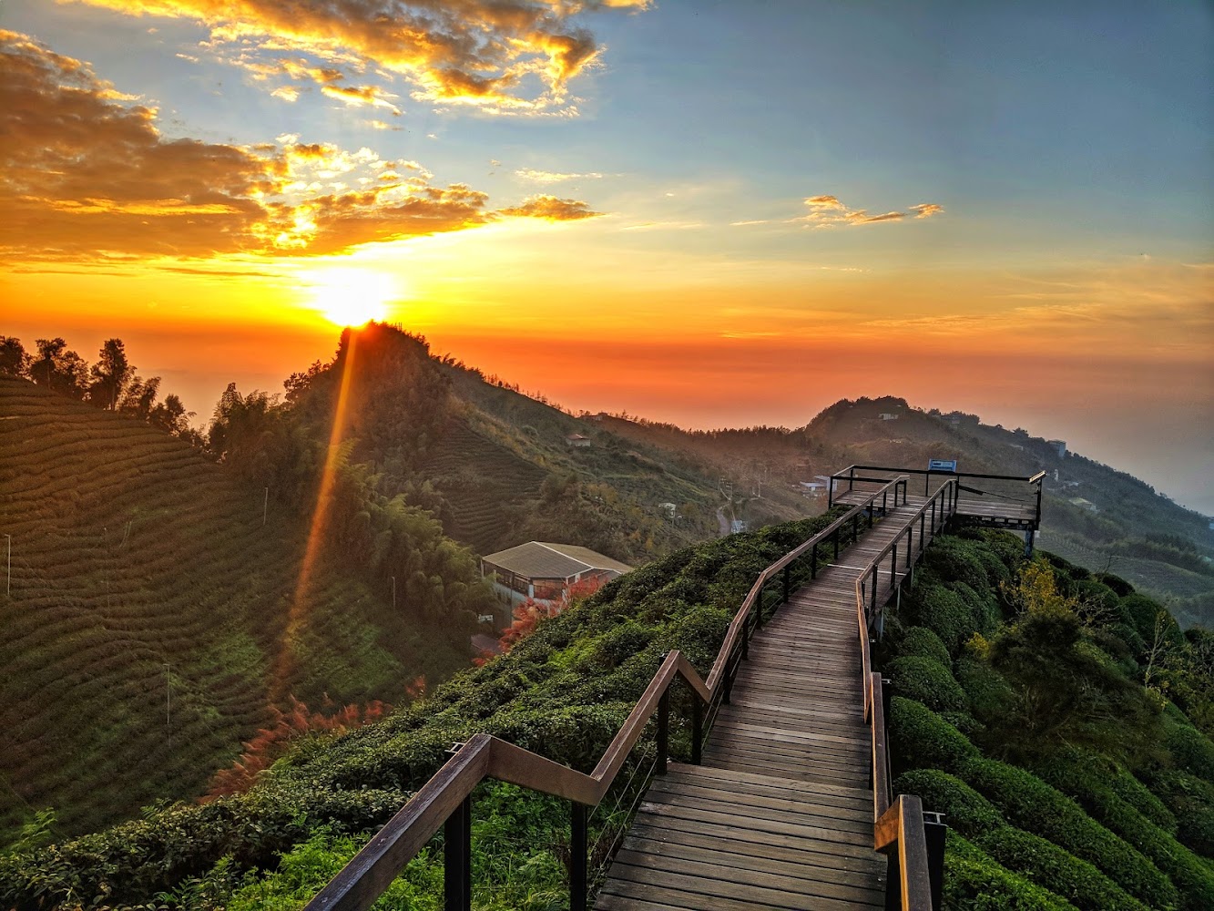大崙山觀景臺木棧道與夕陽