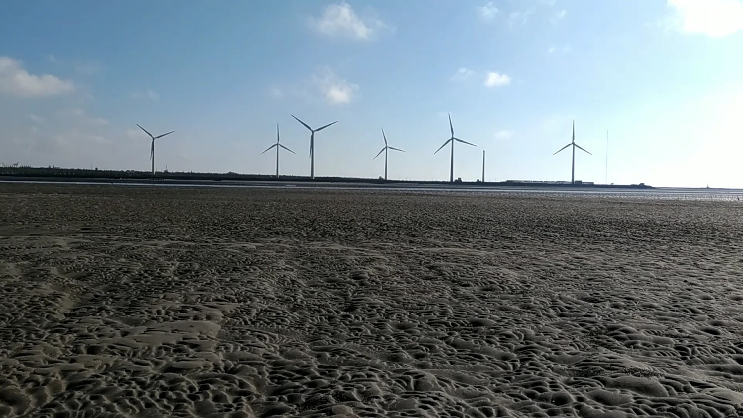 大片泥灘與遠方風力發電機,晴空下顯得十分遼闊