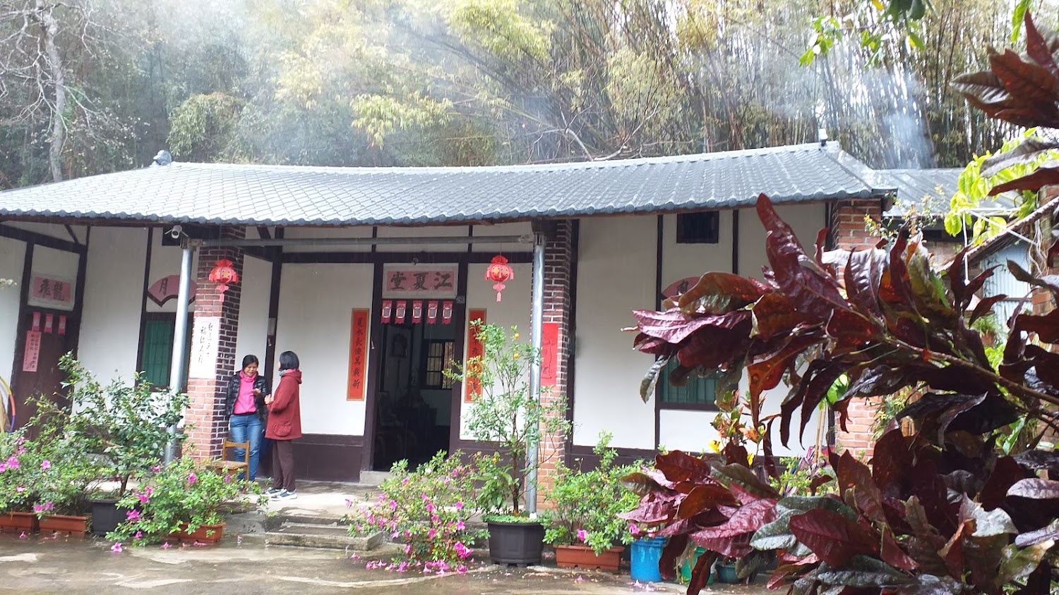傳統中式民宅前有盆栽花草，屋簷下兩位女性交談