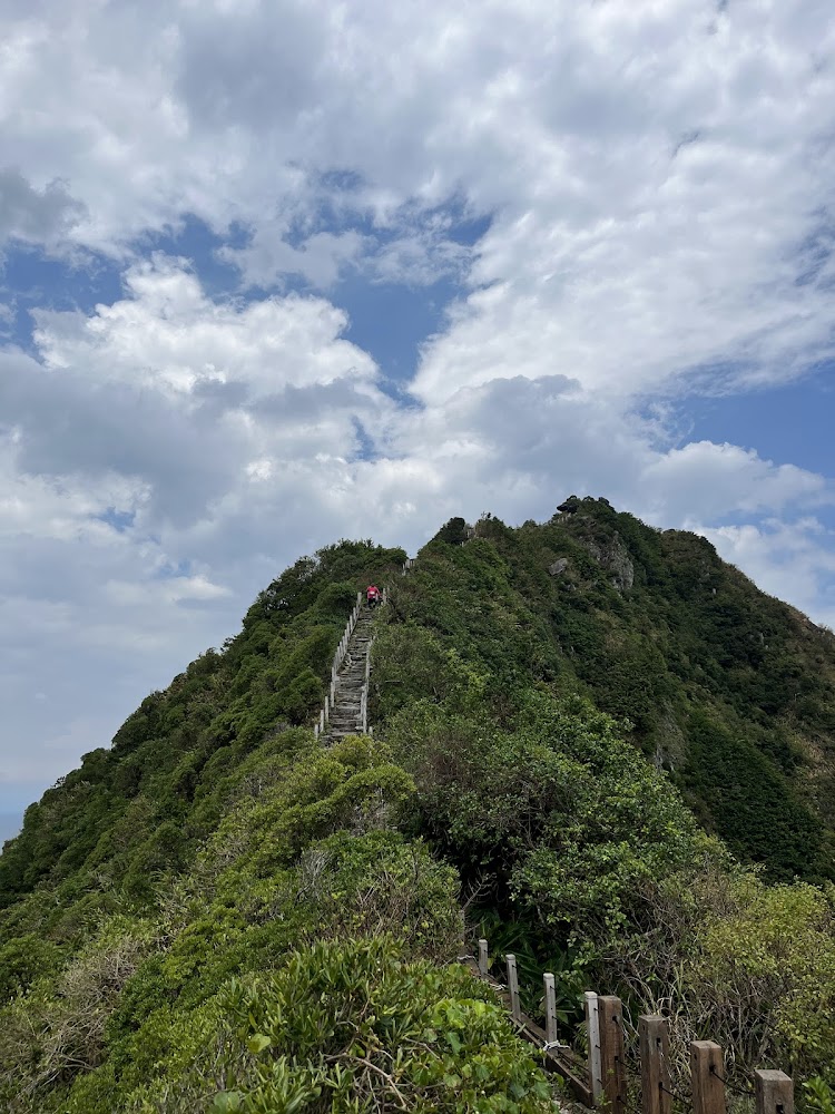 山峰步道與木棧階梯,登山者沿綠色山脊往上前進