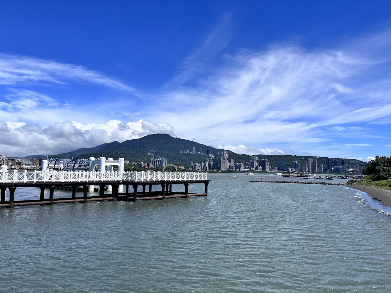 白色欄杆碼頭延伸至水面的景色