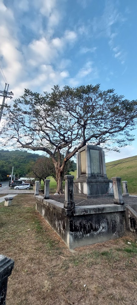 大樹與石砌紀念碑旁綠地遠山的寧靜畫面