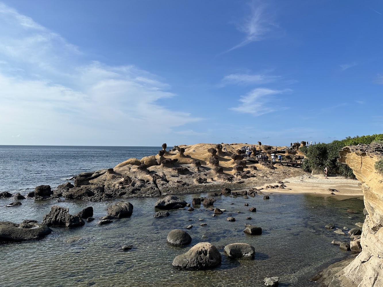 海蝕地形與遠處遊客參觀海岸線景觀